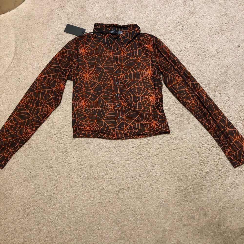 Foxblood Cobweb Mesh Button Up Top black orange - Picture 5 of 9